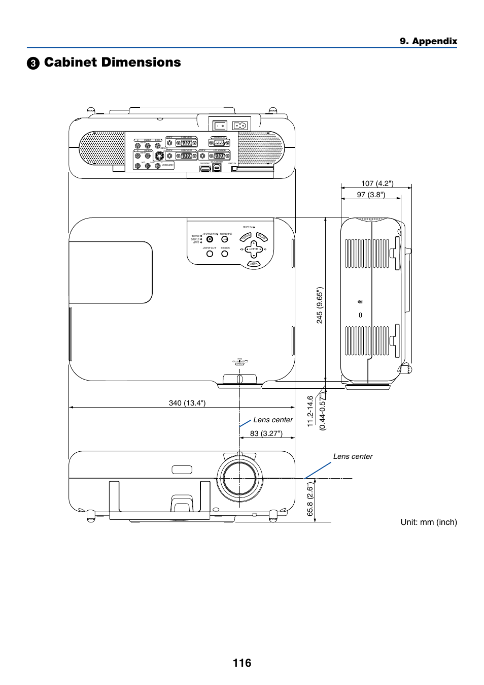 3) cabinet dimensions, ᕣ cabinet dimensions, Appendix | Unit: mm (inch), Lens center | Dukane 8768 User Manual | Page 116 / 122