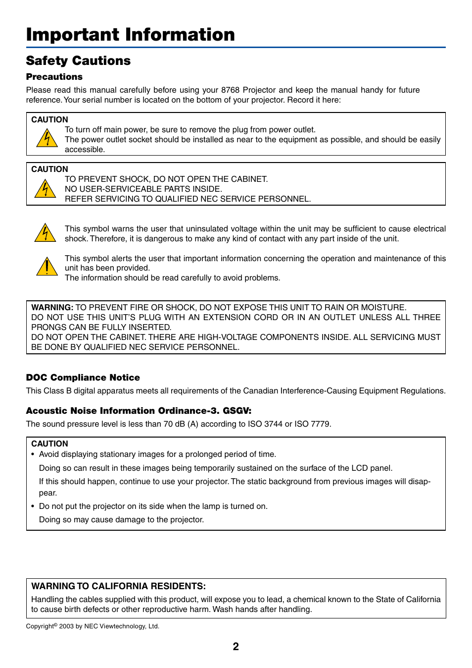 Important information, Untitled, Safety cautions | Dukane 8768 User Manual | Page 2 / 122