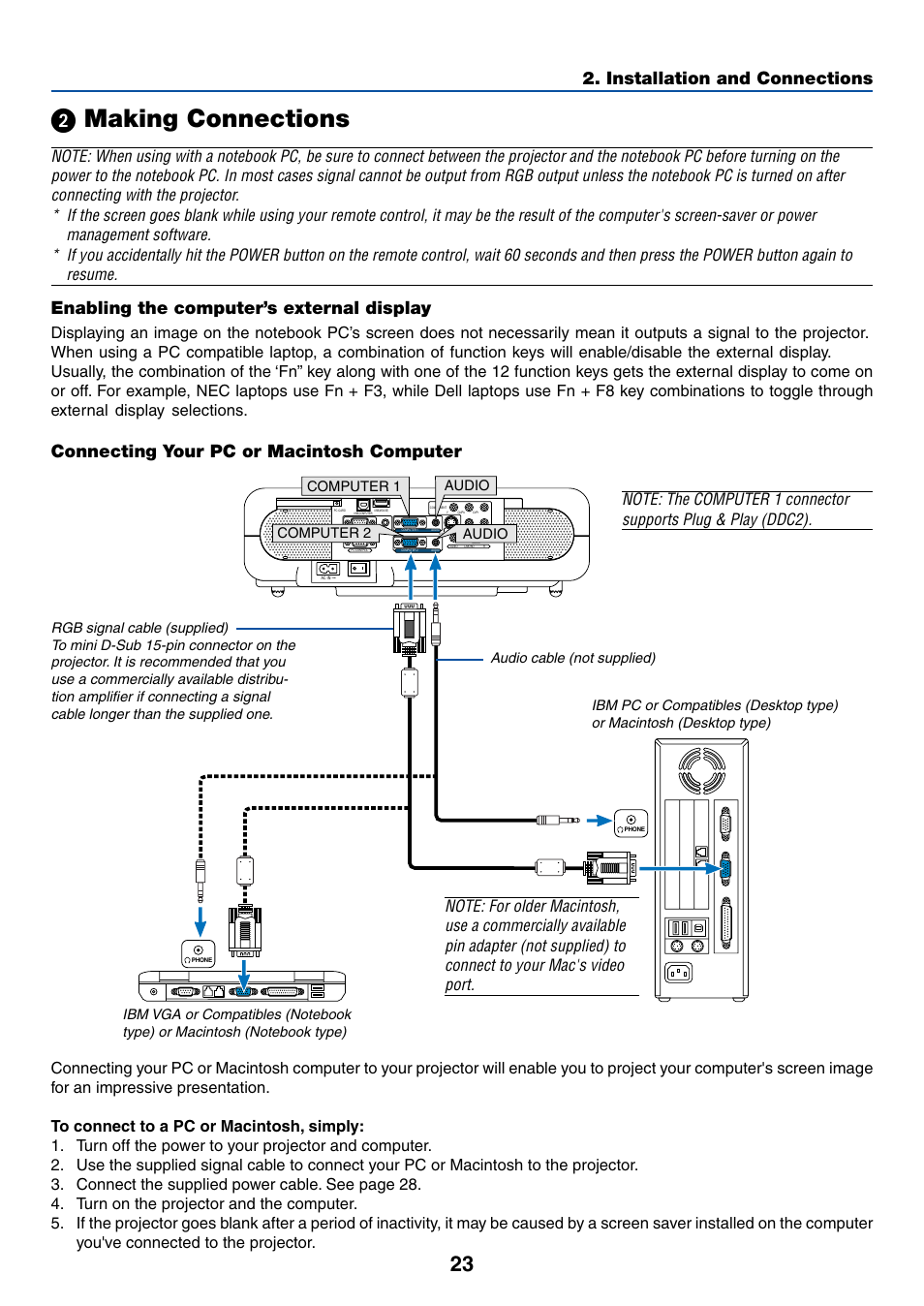 2) making connections, Enabling the computer’s external display, Connecting your pc or macintosh computer | ᕢ making connections, Installation and connections, Computer 1 computer 2 audio audio | Dukane 8768 User Manual | Page 23 / 122