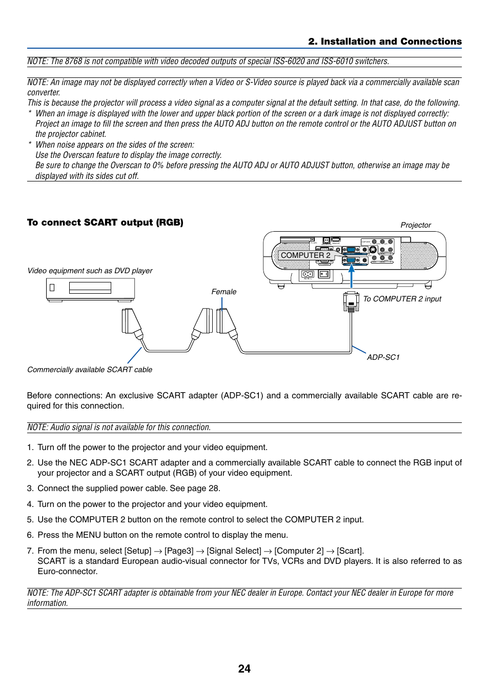 To connect scart output (rgb), Installation and connections, Computer 2 | Dukane 8768 User Manual | Page 24 / 122