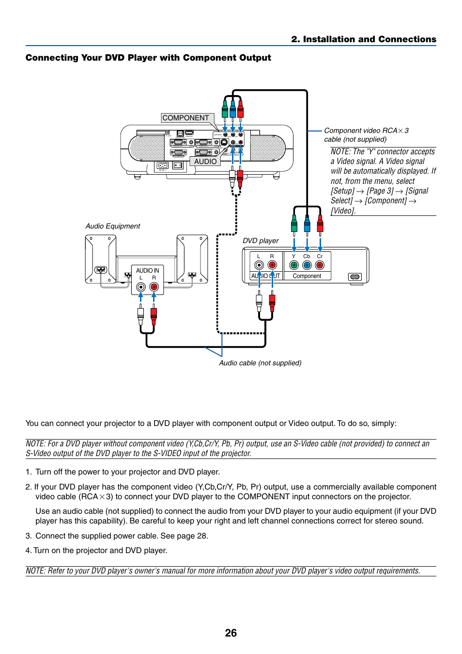 Connecting your dvd player with component output, Installation and connections, Page 3 | Signal select, Component, Video, Component video rca | Dukane 8768 User Manual | Page 26 / 122