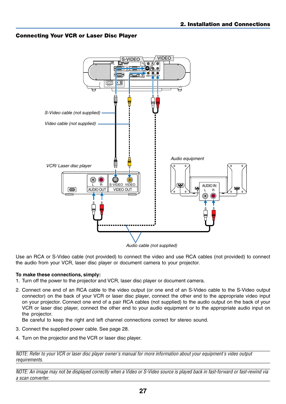 Connecting your vcr or laser disc player, Installation and connections, S-video video | Dukane 8768 User Manual | Page 27 / 122