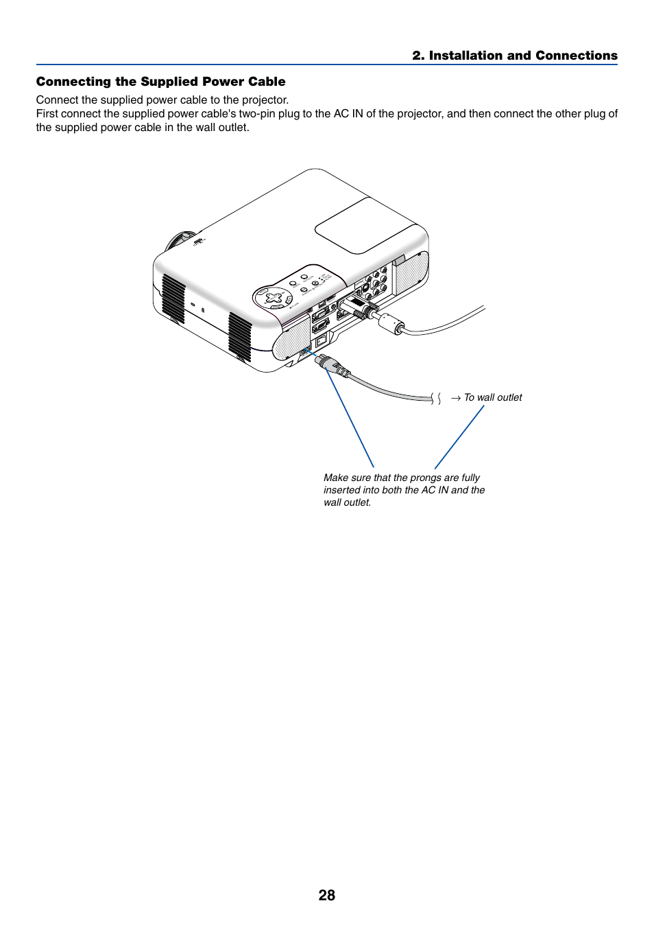 Connecting the supplied power cable, Installation and connections | Dukane 8768 User Manual | Page 28 / 122