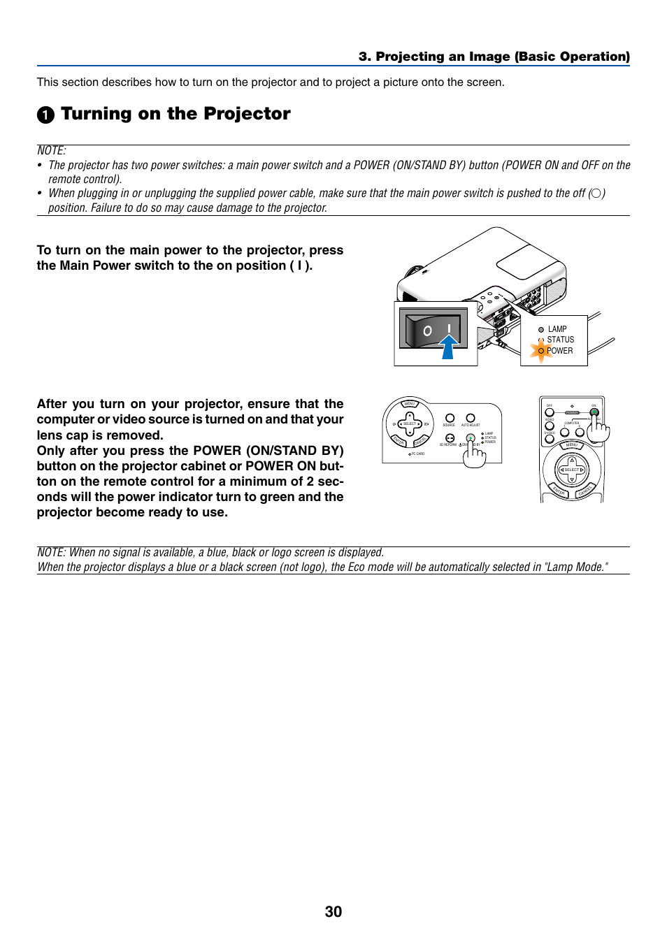 1) turning on the projector, ᕡ turning on the projector, Projecting an image (basic operation) | Cr/ pr | Dukane 8768 User Manual | Page 30 / 122