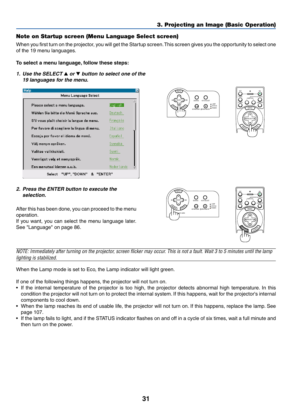 Use the select, Press the enter button to execute the selection | Dukane 8768 User Manual | Page 31 / 122