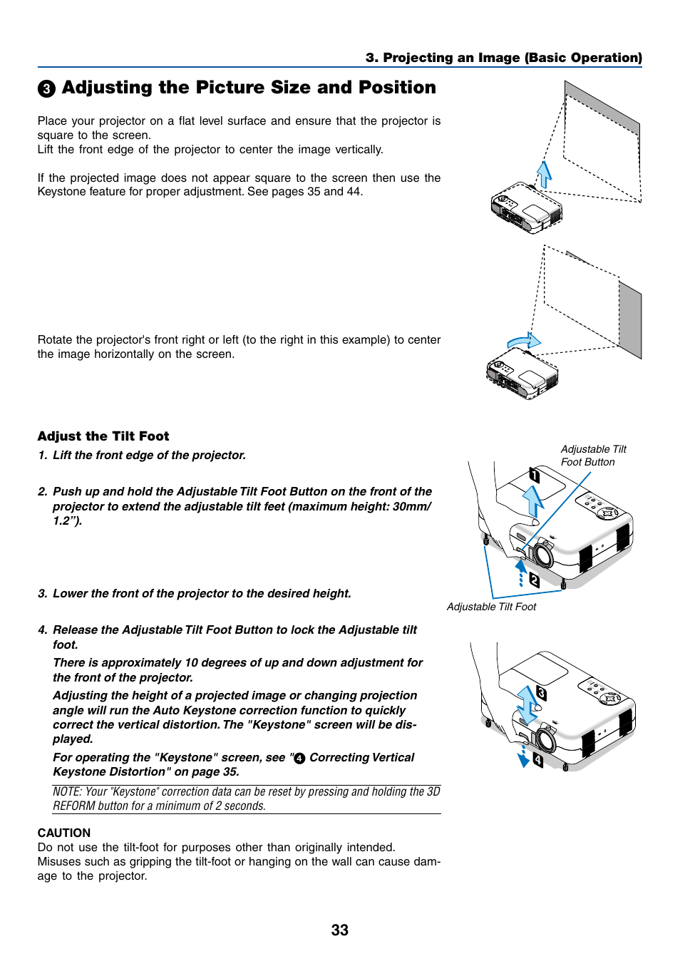 3) adjusting the picture size and position, ᕣ adjusting the picture size and position, Projecting an image (basic operation) | Adjust the tilt foot | Dukane 8768 User Manual | Page 33 / 122