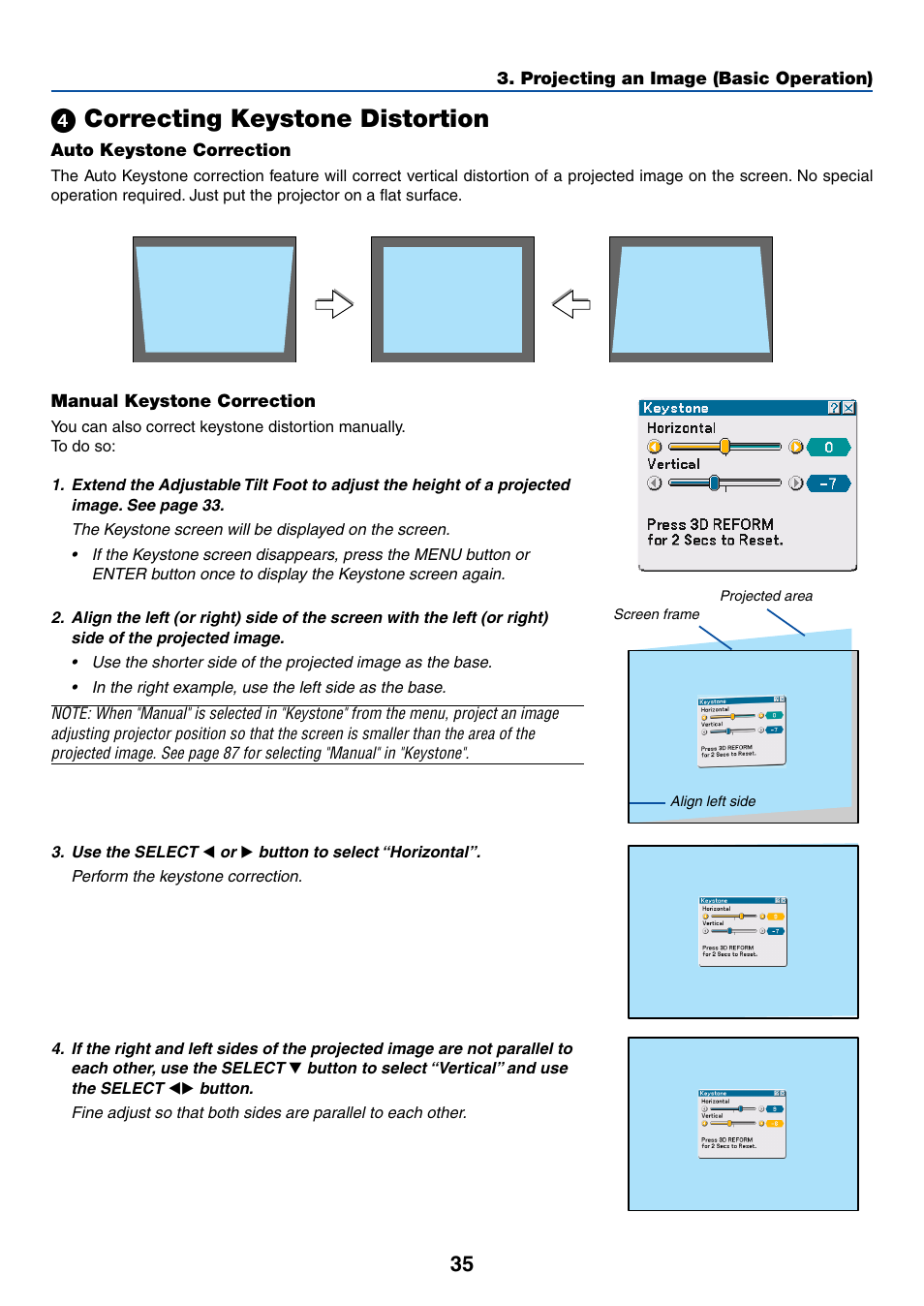 4) correcting keystone distortion, ᕤ correcting keystone distortion | Dukane 8768 User Manual | Page 35 / 122