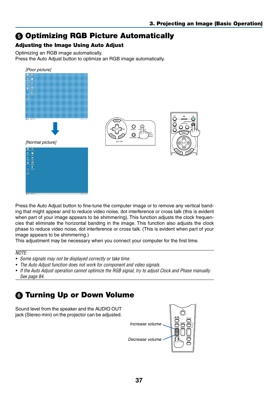 5) optimizing rgb picture automatically, 6) turning up or down volume, ᕥ optimizing rgb picture automatically | ᕦ turning up or down volume, Projecting an image (basic operation), Adjusting the image using auto adjust, Poor picture] [normal picture, Increase volume decrease volume | Dukane 8768 User Manual | Page 37 / 122