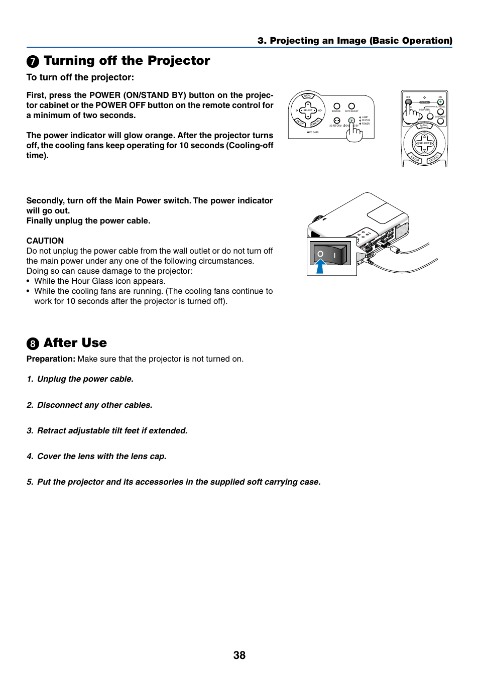 7) turning off the projector, 8) after use, ᕧ turning off the projector | ᕨ after use, Cr/pr | Dukane 8768 User Manual | Page 38 / 122