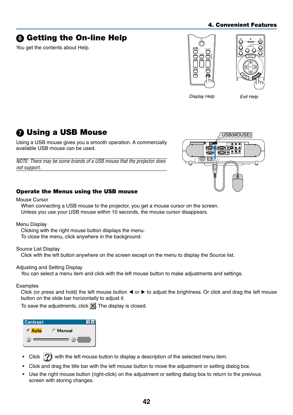 6) getting the on-line help, 7) using a usb mouse, ᕦ getting the on-line help | ᕧ using a usb mouse, Convenient features, Operate the menus using the usb mouse, You get the contents about help, Display help exit help, Usb(mouse) | Dukane 8768 User Manual | Page 42 / 122