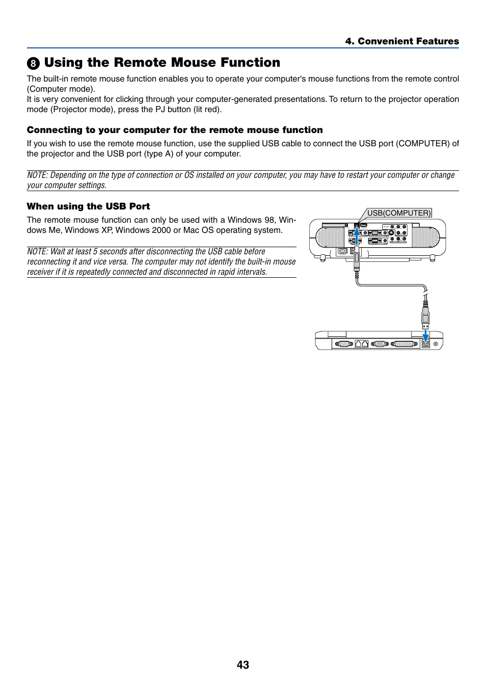 8) using the remote mouse function, ᕨ using the remote mouse function, Convenient features | When using the usb port, Usb(computer) | Dukane 8768 User Manual | Page 43 / 122