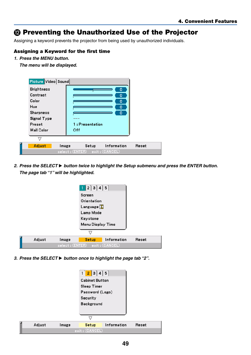 Preventing the unauthorized use of the projector | Dukane 8768 User Manual | Page 49 / 122