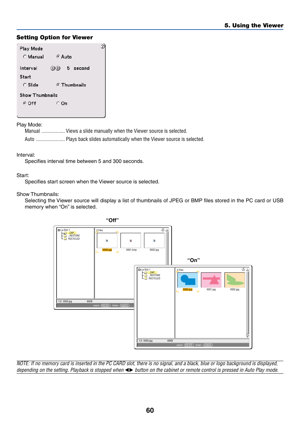 Setting option for viewer, Using the viewer, Off” “on | Dukane 8768 User Manual | Page 60 / 122