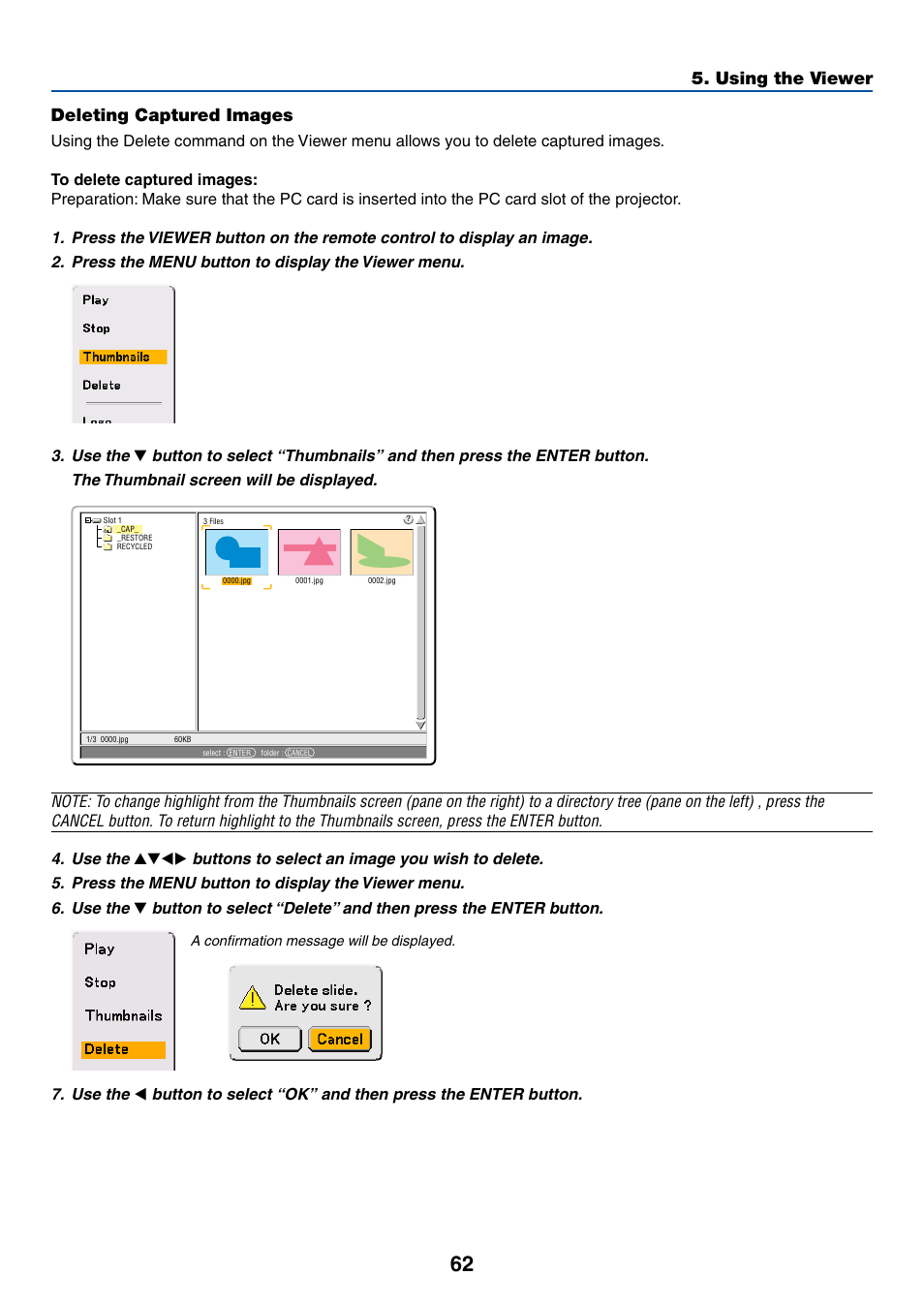 Deleting captured images, Using the viewer deleting captured images | Dukane 8768 User Manual | Page 62 / 122