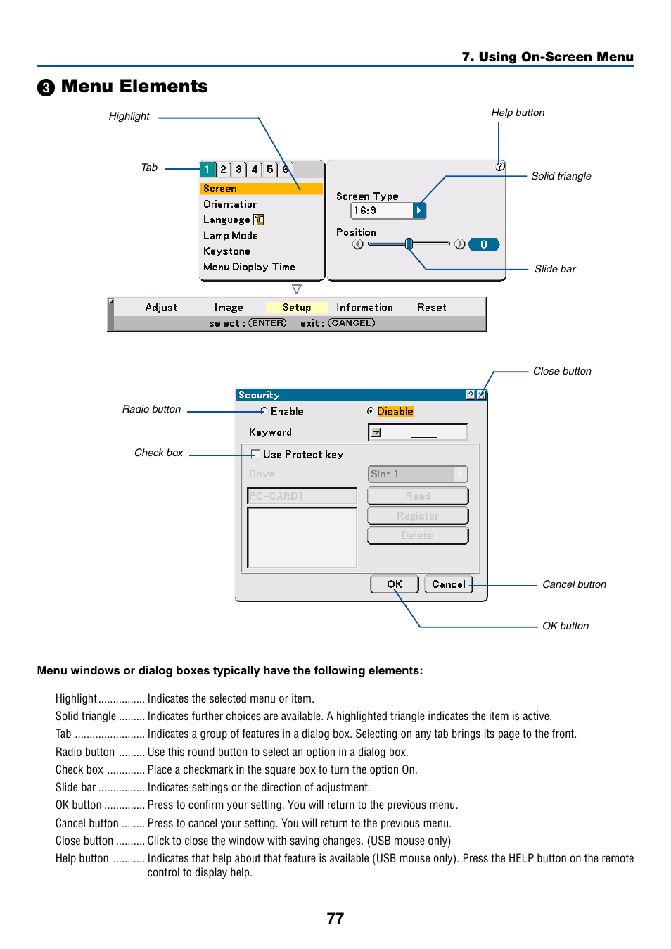 3) menu elements, ᕣ menu elements | Dukane 8768 User Manual | Page 77 / 122