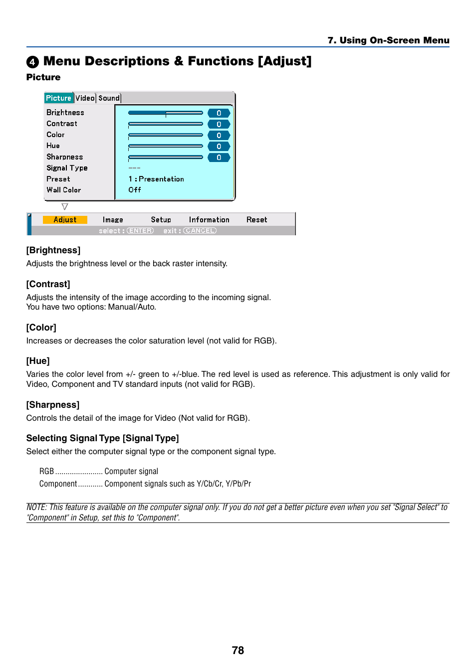 4) menu descriptions & functions [adjust, Picture, Brightness | Contrast, Color, Sharpness, Selecting signal type [signal type, ᕤ menu descriptions & functions [adjust | Dukane 8768 User Manual | Page 78 / 122