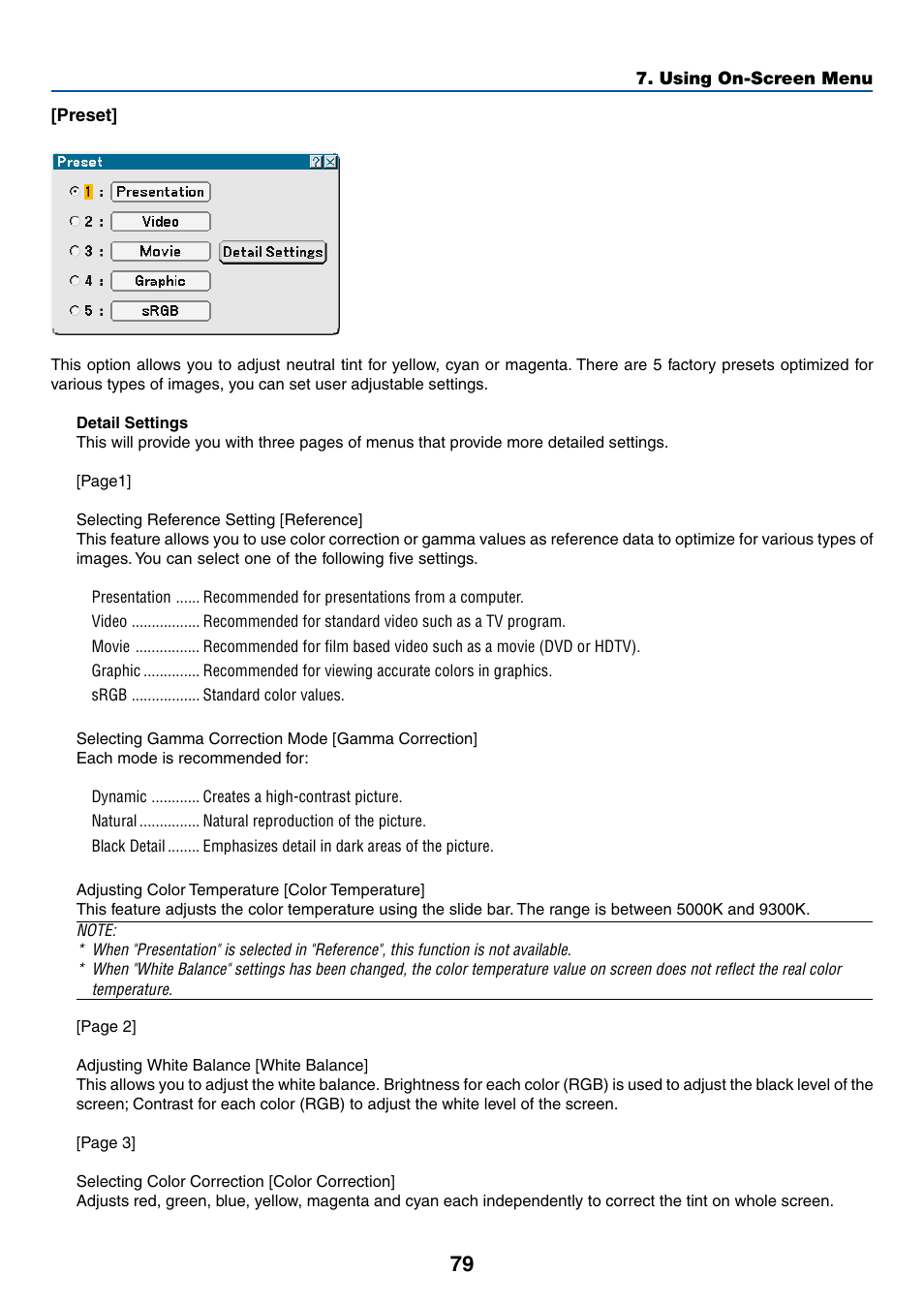 Preset, Detail settings, Selecting reference setting [reference | Selecting gamma correction mode [gamma correction, Adjusting color temperature [color temperature, Adjusting white balance [white balance, Selecting color correction [color correction | Dukane 8768 User Manual | Page 79 / 122