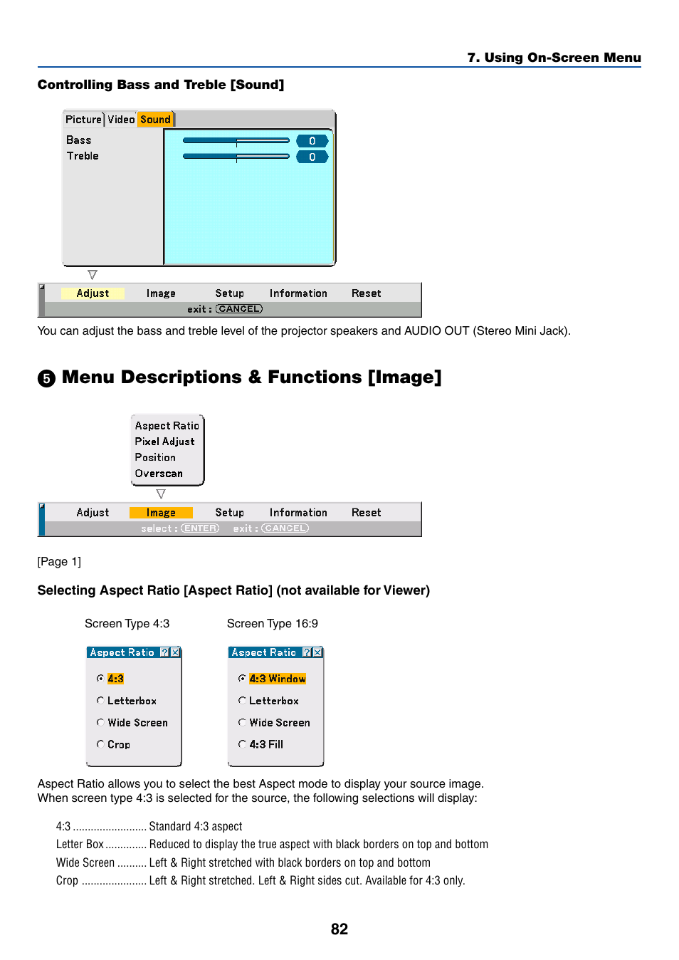 Controlling bass and treble [sound, 5) menu descriptions & functions [image, ᕥ menu descriptions & functions [image | Dukane 8768 User Manual | Page 82 / 122