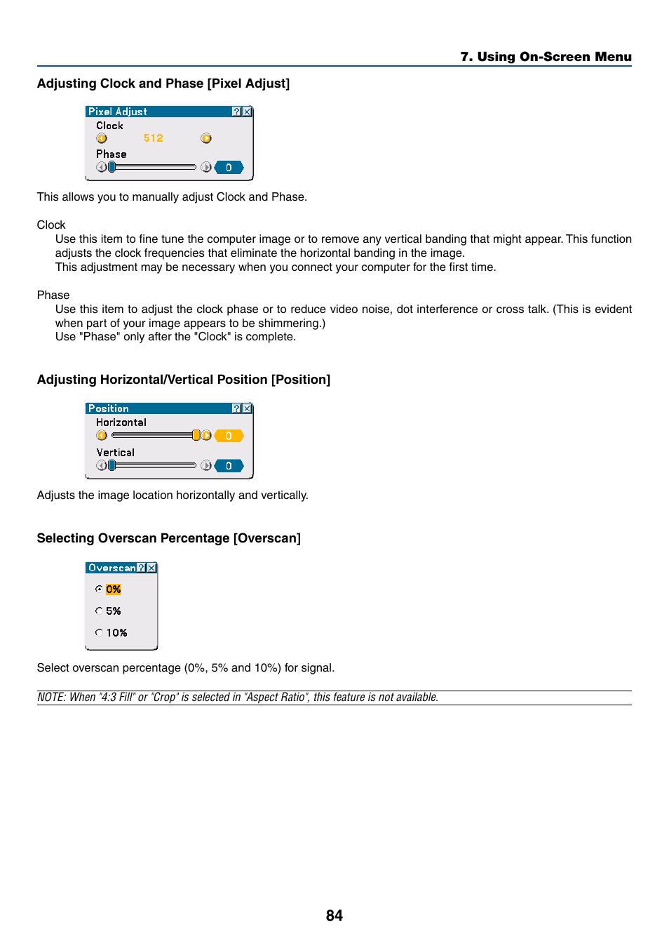 Adjusting clock and phase [pixel adjust, Adjusting horizontal/vertical position [position, Selecting overscan percentage [overscan | Dukane 8768 User Manual | Page 84 / 122