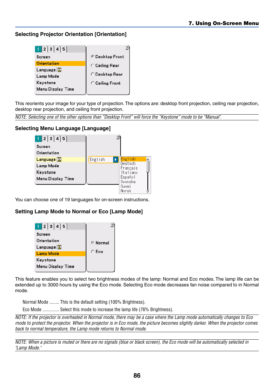 Selecting projector orientation [orientation, Selecting menu language [language, Setting lamp mode to normal or eco [lamp mode | Dukane 8768 User Manual | Page 86 / 122