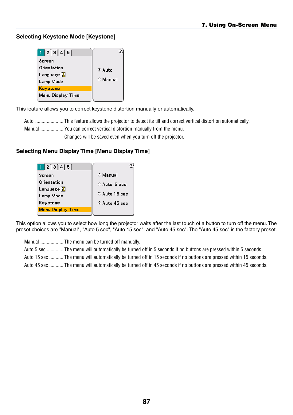 Selecting keystone mode [keystone, Selecting menu display time [menu display time | Dukane 8768 User Manual | Page 87 / 122