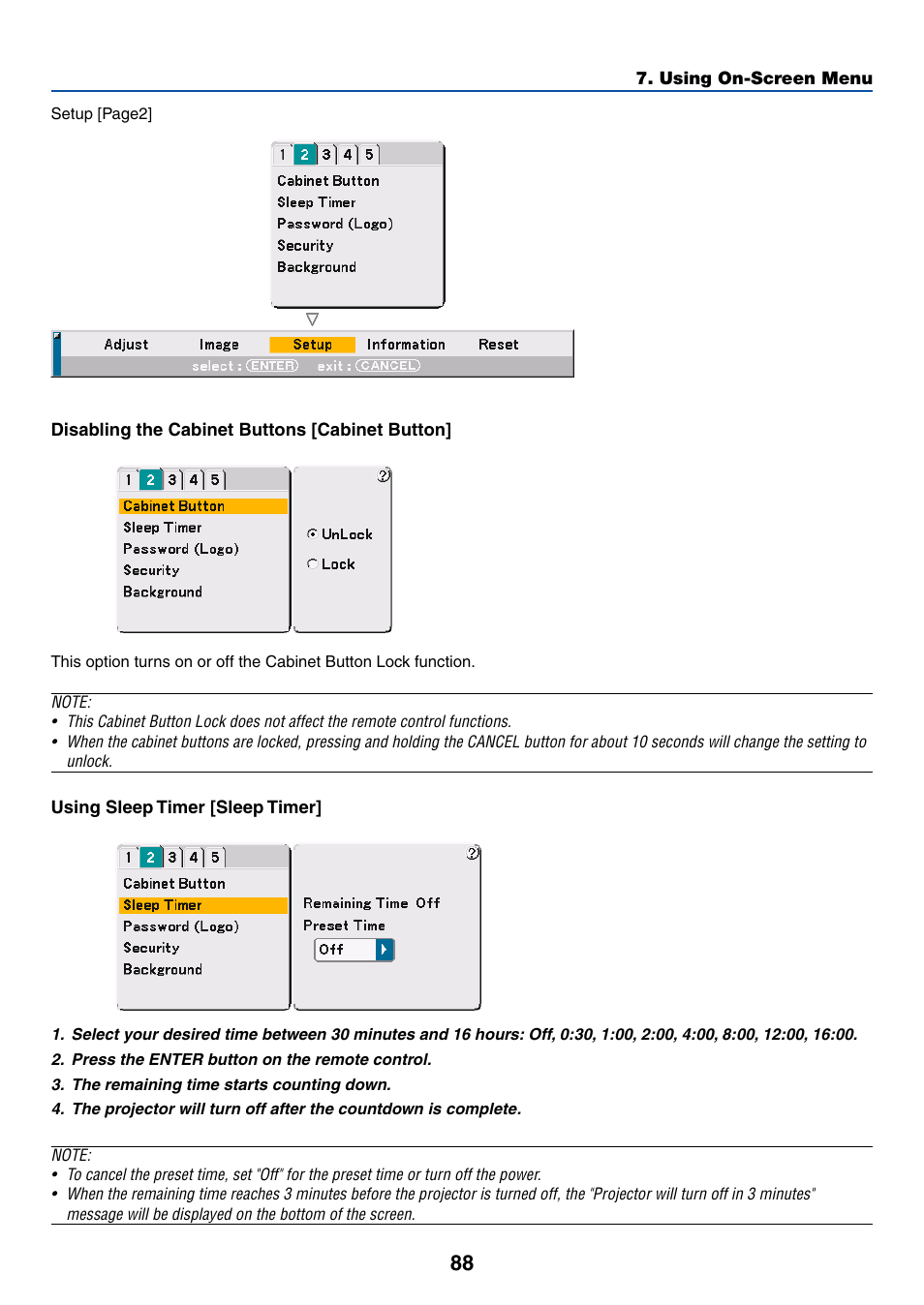 Disabling the cabinet buttons [cabinet button, Using sleep timer [sleep timer | Dukane 8768 User Manual | Page 88 / 122