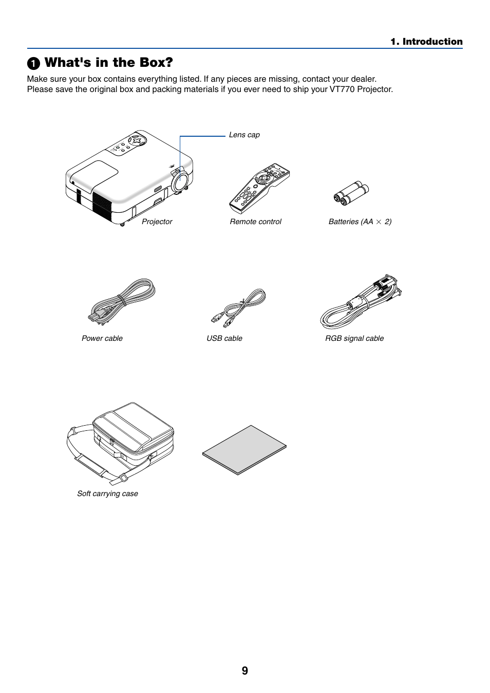 1) what's in the box, ᕡ what's in the box, Introduction | Projector lens cap remote control batteries (aa, Zoom foc us, Nu en te r | Dukane 8768 User Manual | Page 9 / 122