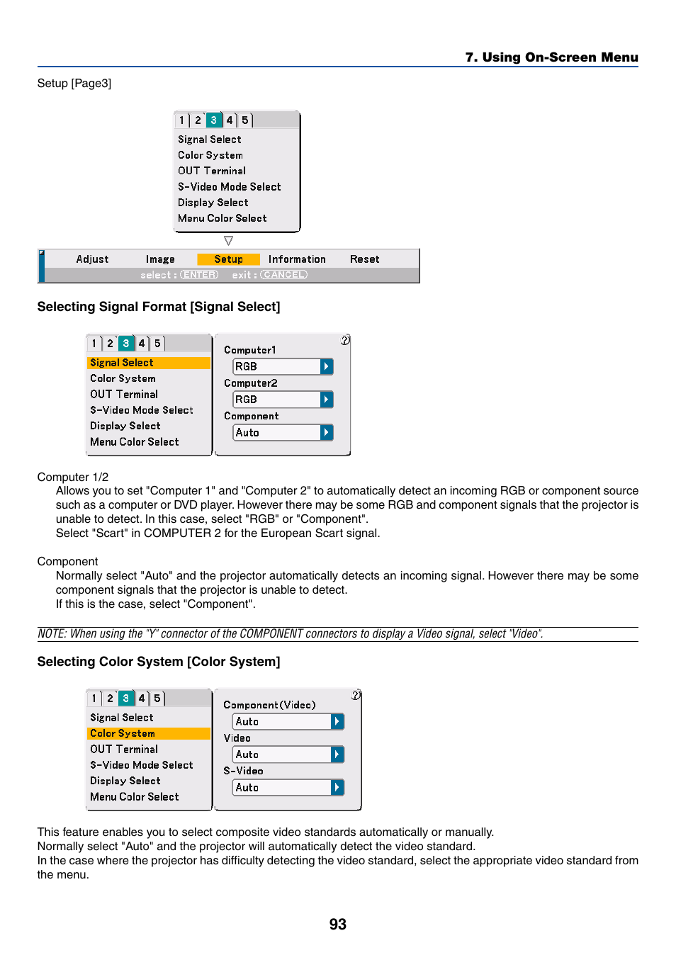 Selecting signal format [signal select, Selecting color system [color system | Dukane 8768 User Manual | Page 93 / 122