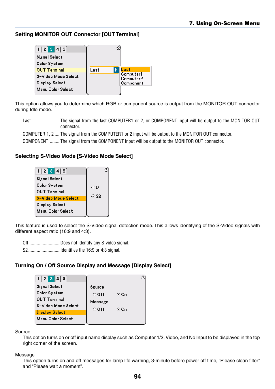 Setting monitor out connector [out terminal, Selecting s-video mode [s-video mode select | Dukane 8768 User Manual | Page 94 / 122