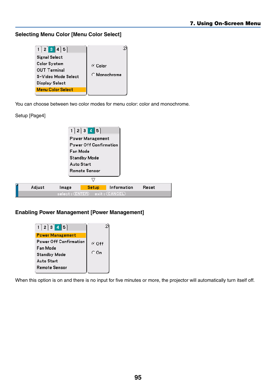 Selecting menu color [menu color select, Enabling power management [power management | Dukane 8768 User Manual | Page 95 / 122