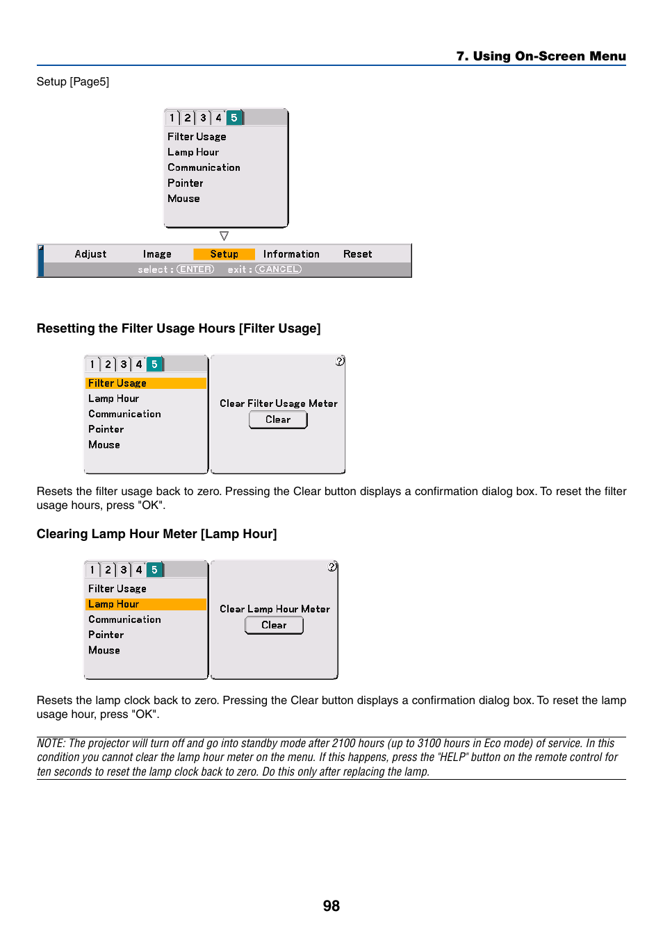 Resetting the filter usage hours [filter usage, Clearing lamp hour meter [lamp hour | Dukane 8768 User Manual | Page 98 / 122