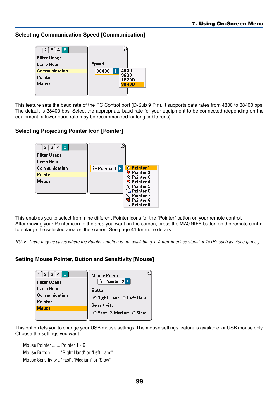 Selecting communication speed [communication, Selecting projecting pointer icon [pointer | Dukane 8768 User Manual | Page 99 / 122