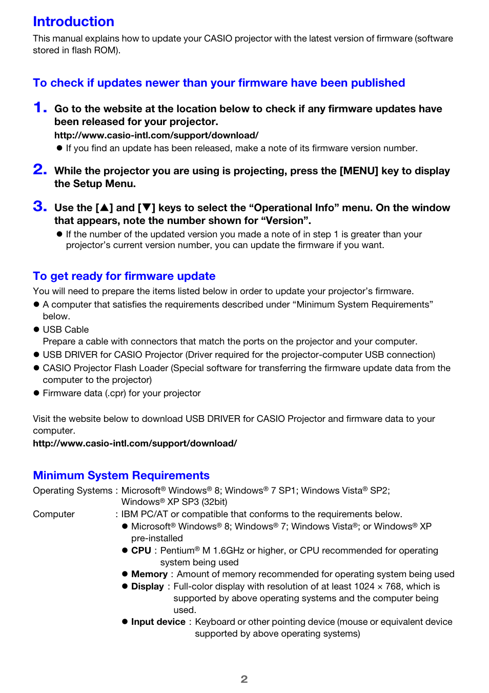 Introduction, Minimum system requirements | Casio Firmware Update User Manual | Page 2 / 5