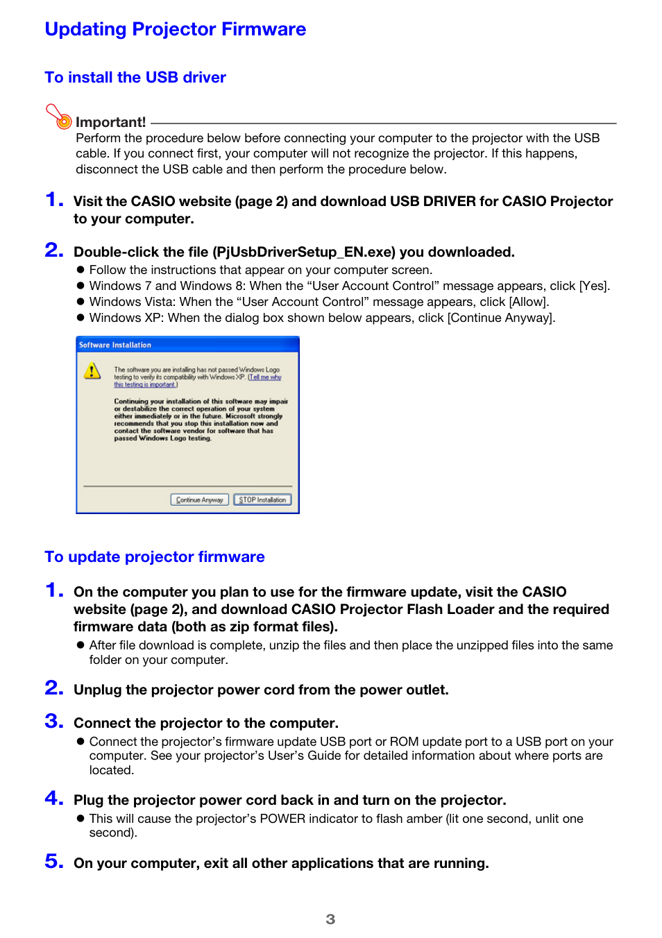 Updating projector firmware | Casio Firmware Update User Manual | Page 3 / 5