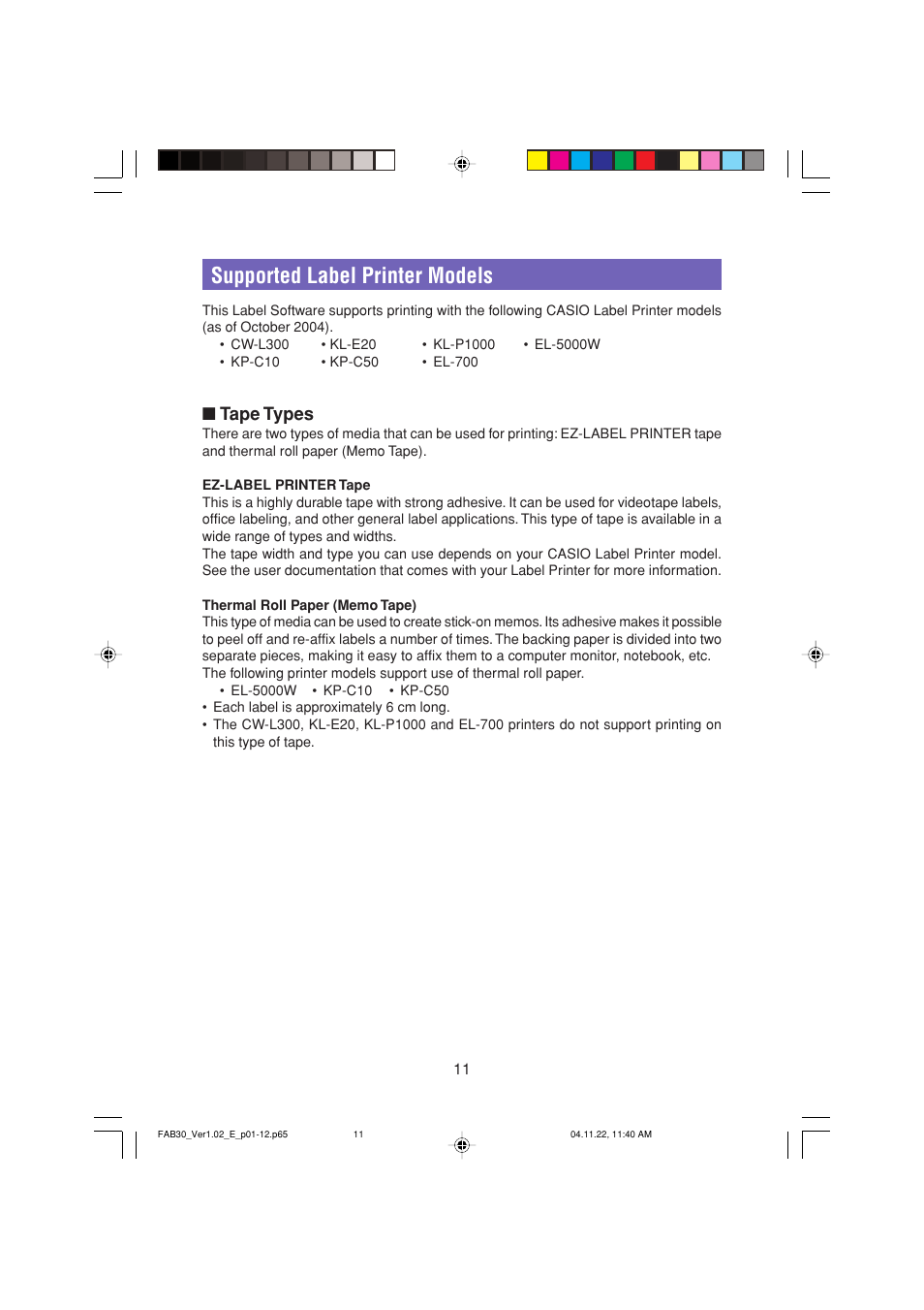 Supported label printer models, Tape types | Casio CW-L300 User Manual | Page 11 / 68
