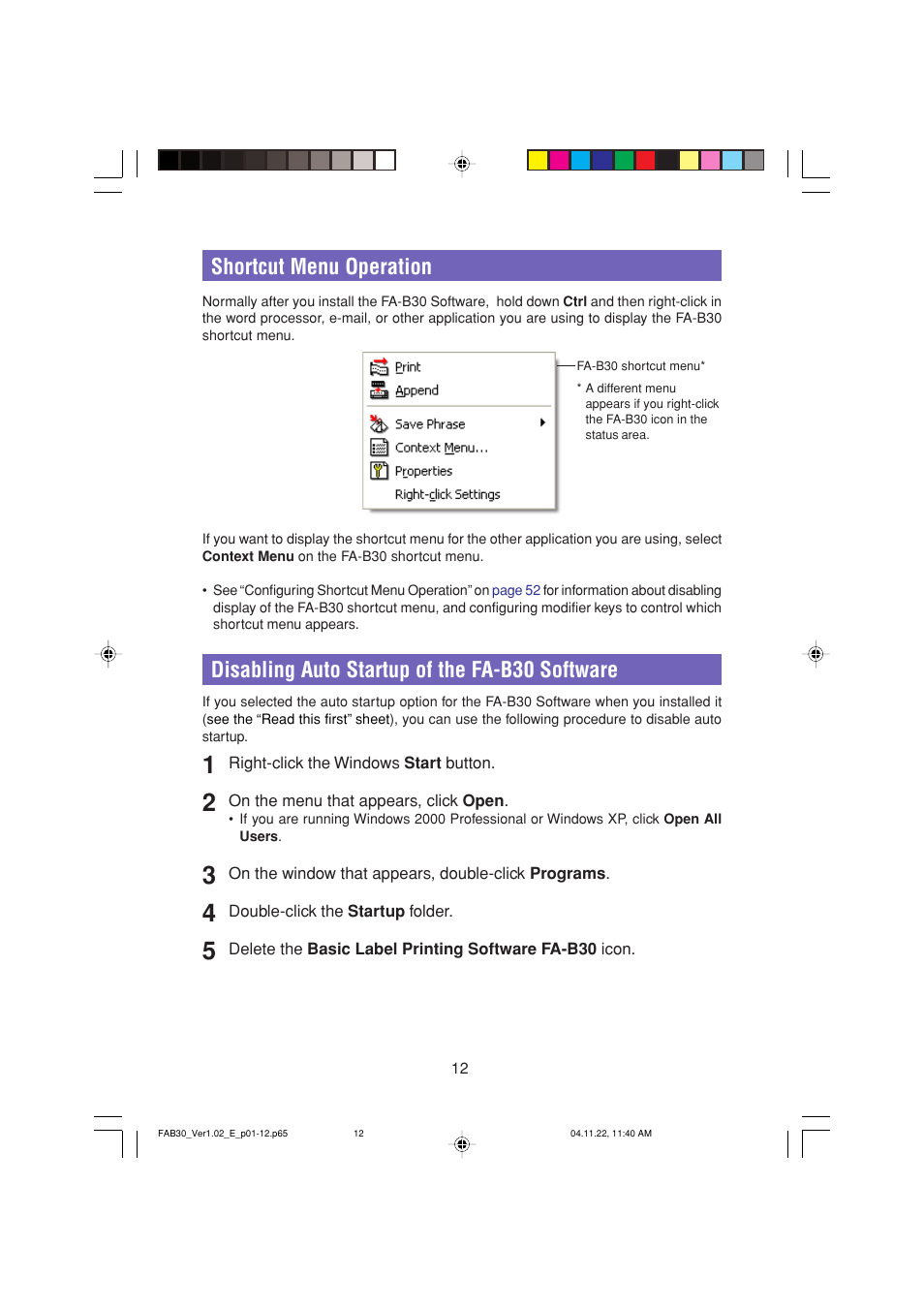 Shortcut menu operation, Disabling auto startup of the fa-b30 software | Casio CW-L300 User Manual | Page 12 / 68