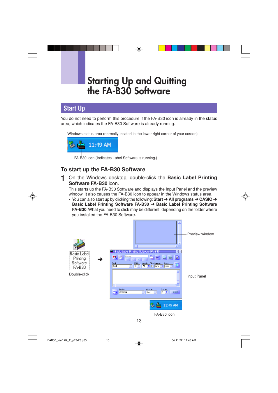 Starting up and quitting the fa-b30 software, Start up | Casio CW-L300 User Manual | Page 13 / 68