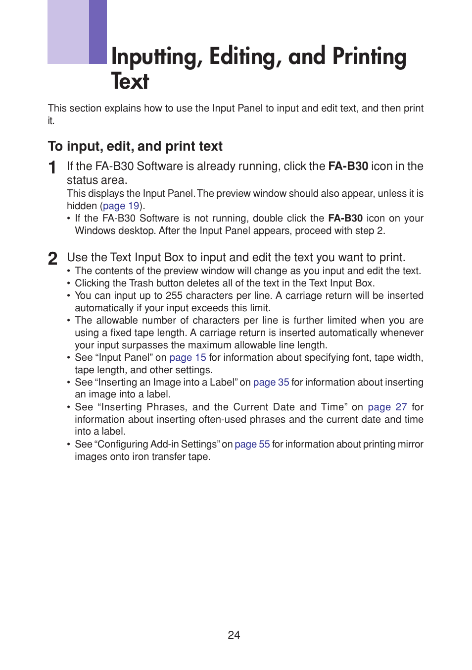 Inputting, editing, and printing text | Casio CW-L300 User Manual | Page 24 / 68