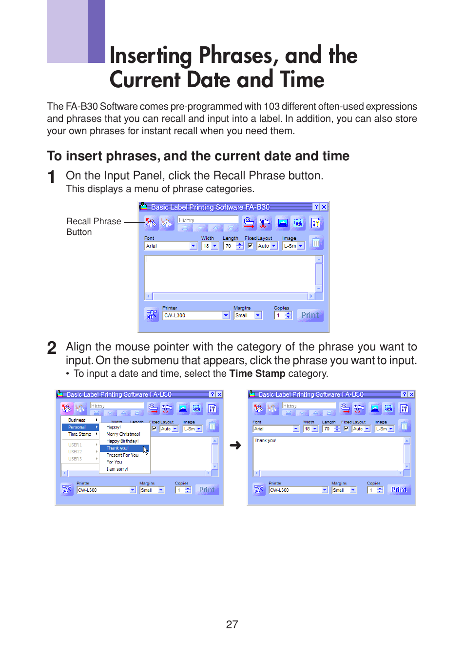 Inserting phrases, and the current date and time | Casio CW-L300 User Manual | Page 27 / 68