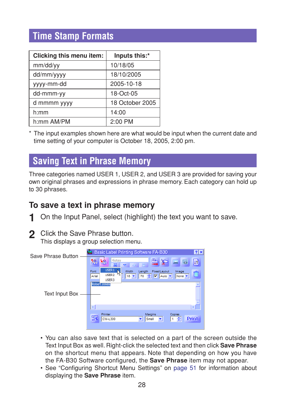 Time stamp formats, Saving text in phrase memory | Casio CW-L300 User Manual | Page 28 / 68