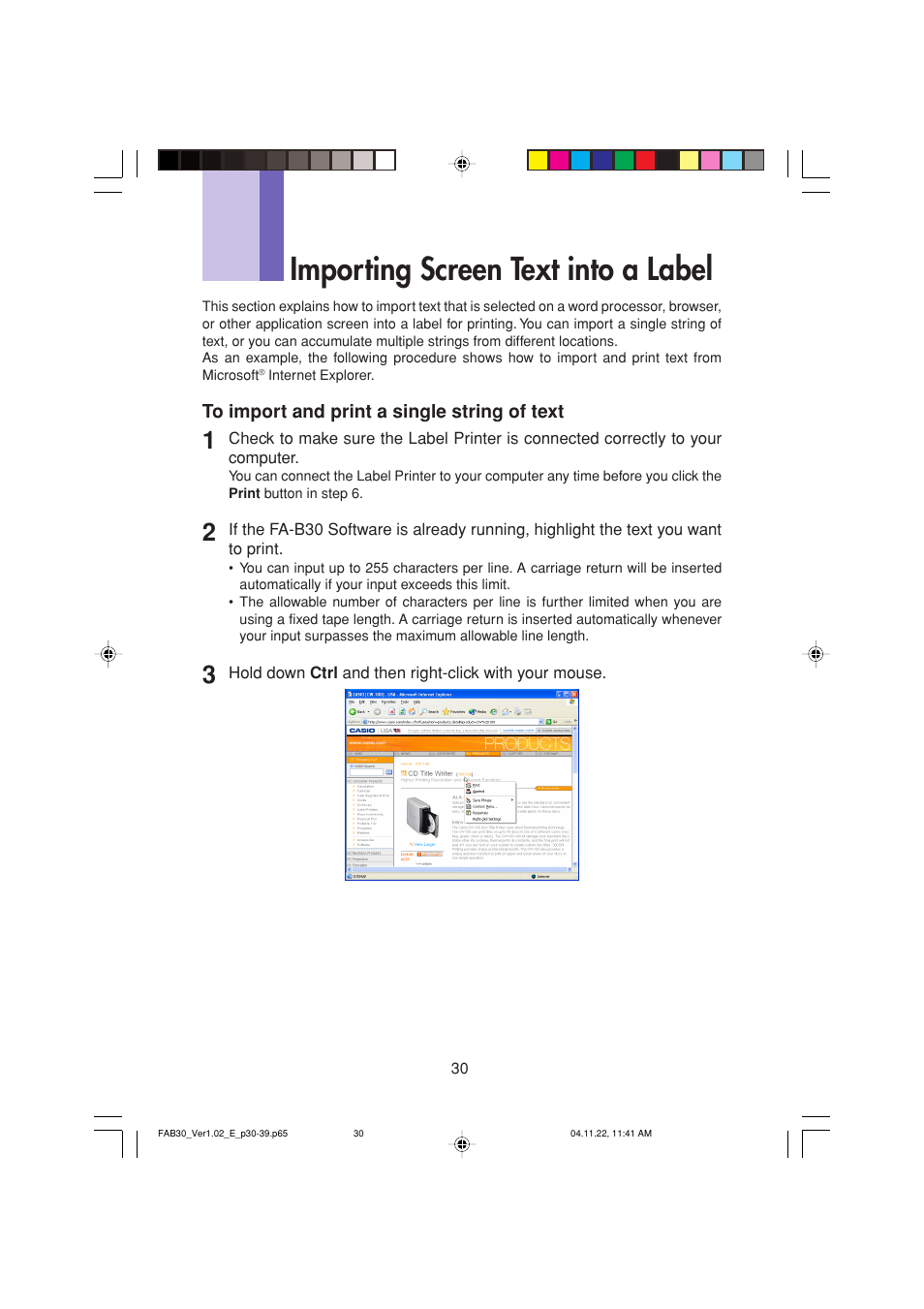 Importing screen text into a label | Casio CW-L300 User Manual | Page 30 / 68