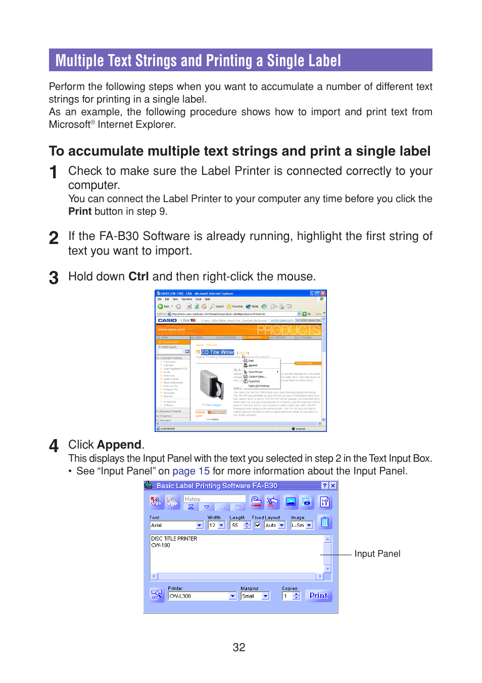 Multiple text strings and printing a single label | Casio CW-L300 User Manual | Page 32 / 68