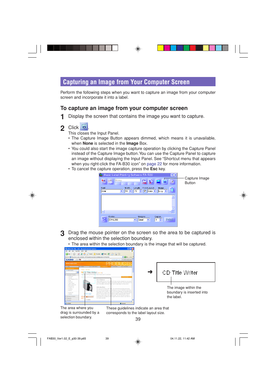 Capturing an image from your computer screen, Screen image capture | Casio CW-L300 User Manual | Page 39 / 68