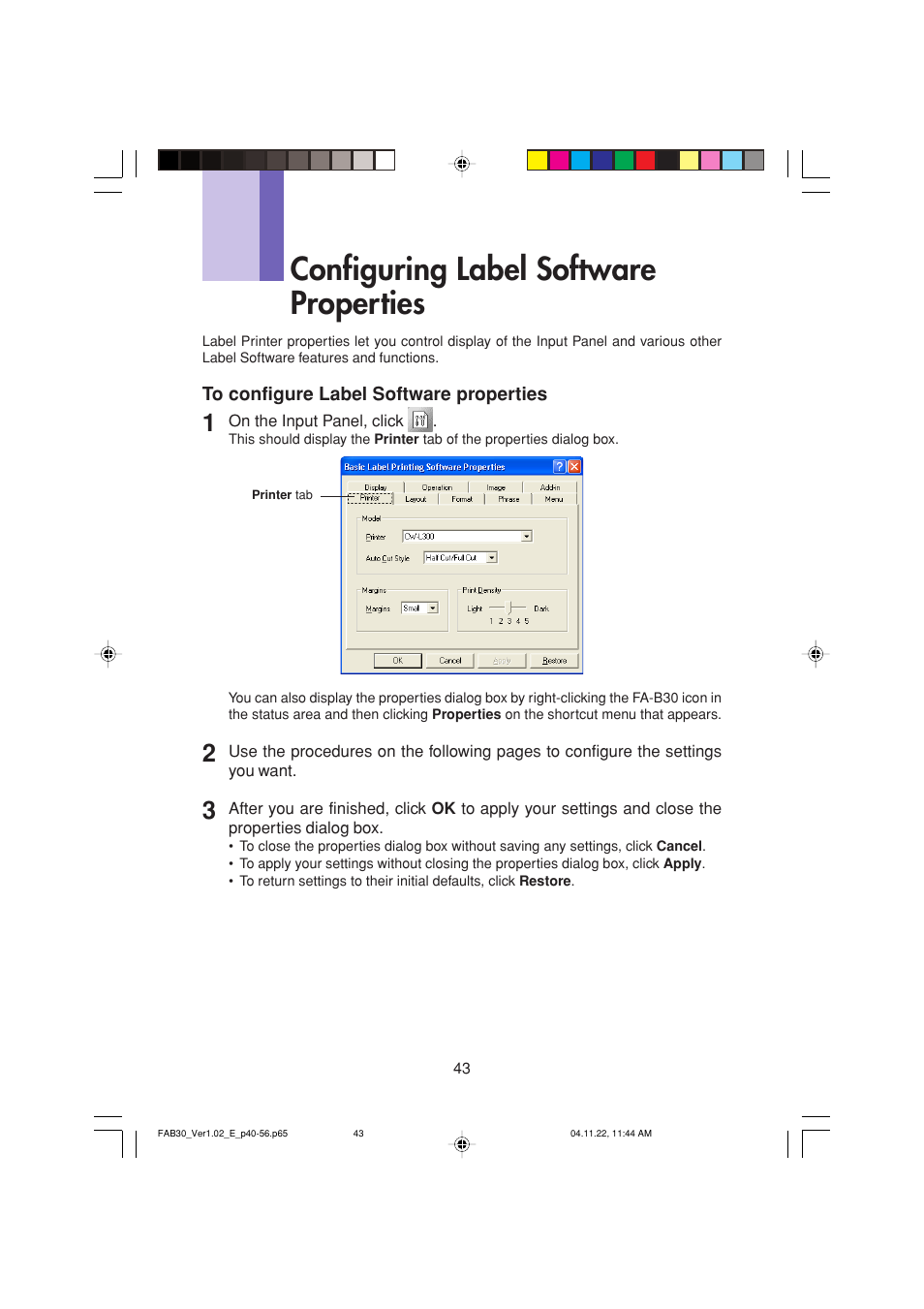 Configuring label software properties | Casio CW-L300 User Manual | Page 43 / 68