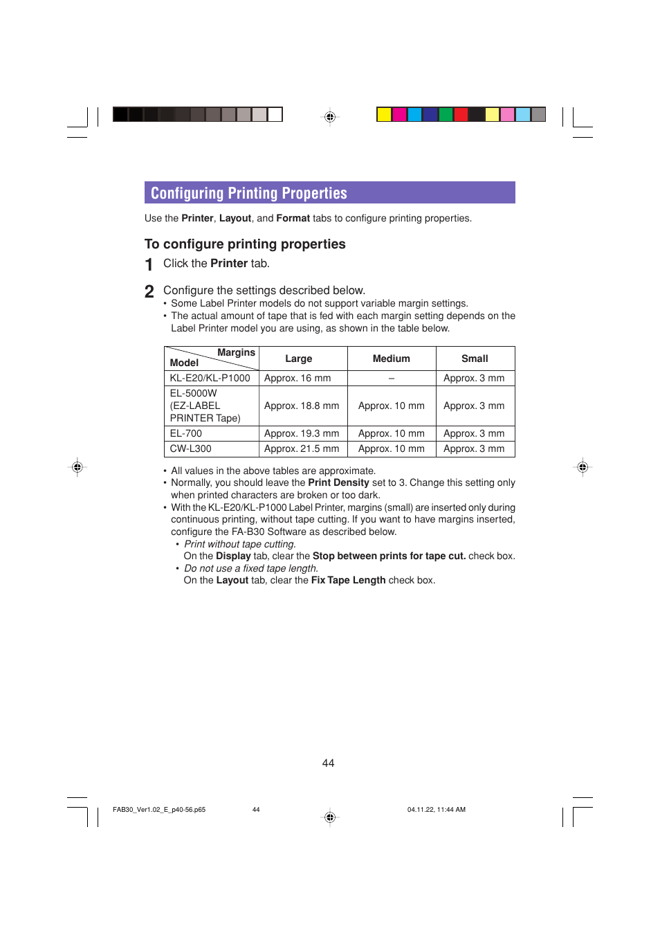 Configuring printing properties | Casio CW-L300 User Manual | Page 44 / 68