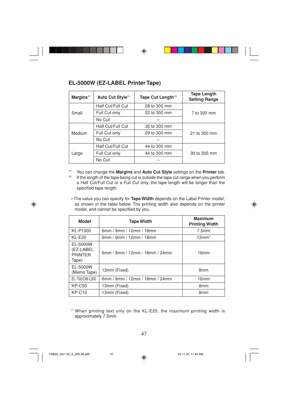 El-5000w (ez-label printer tape) | Casio CW-L300 User Manual | Page 47 / 68