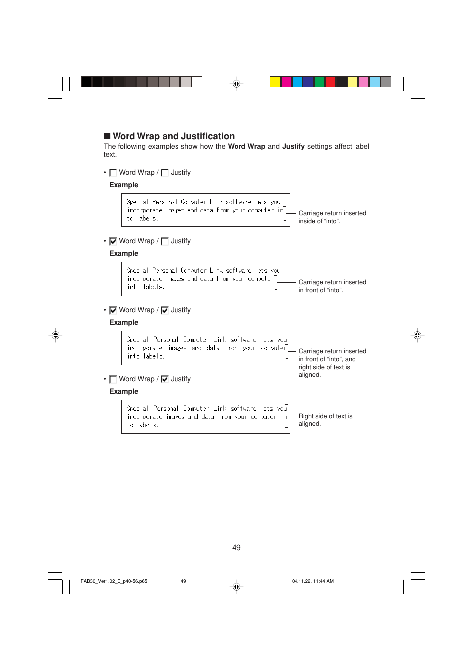 Word wrap and justification | Casio CW-L300 User Manual | Page 49 / 68