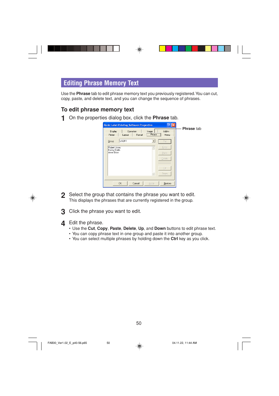 Editing phrase memory text | Casio CW-L300 User Manual | Page 50 / 68