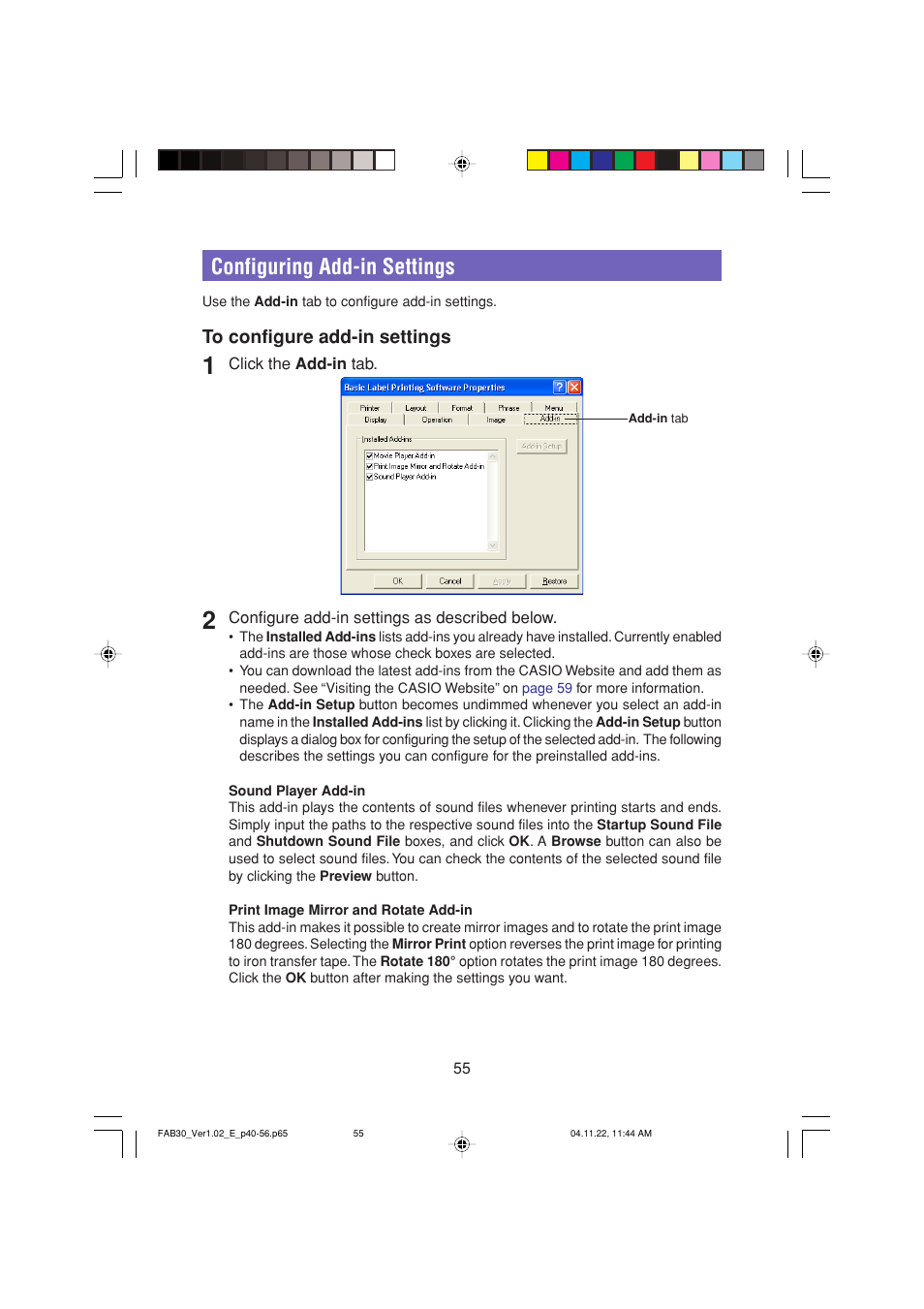 Configuring add-in settings | Casio CW-L300 User Manual | Page 55 / 68