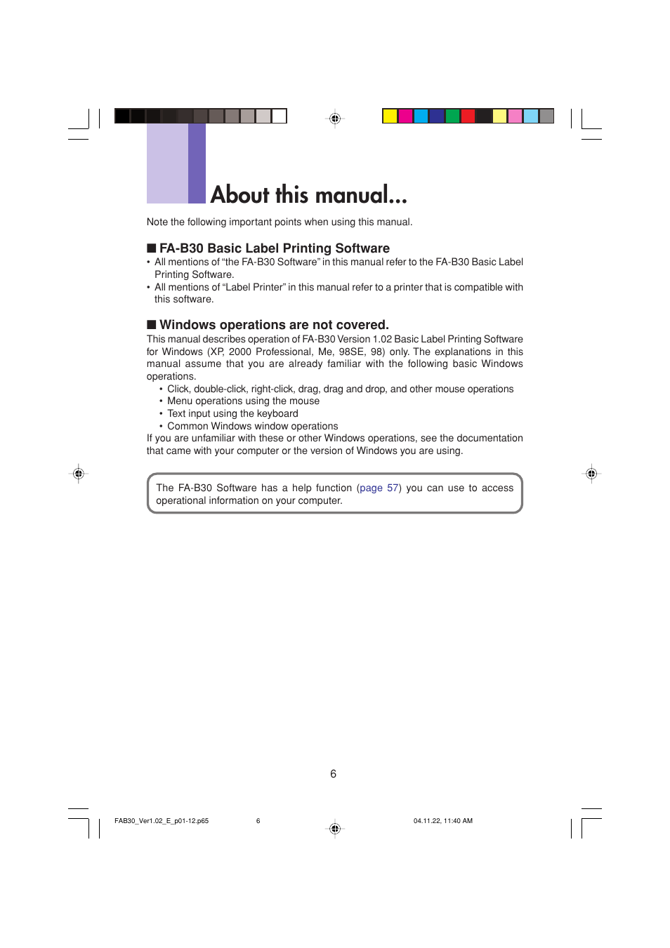 About this manual, Fa-b30 basic label printing software, Windows operations are not covered | Casio CW-L300 User Manual | Page 6 / 68